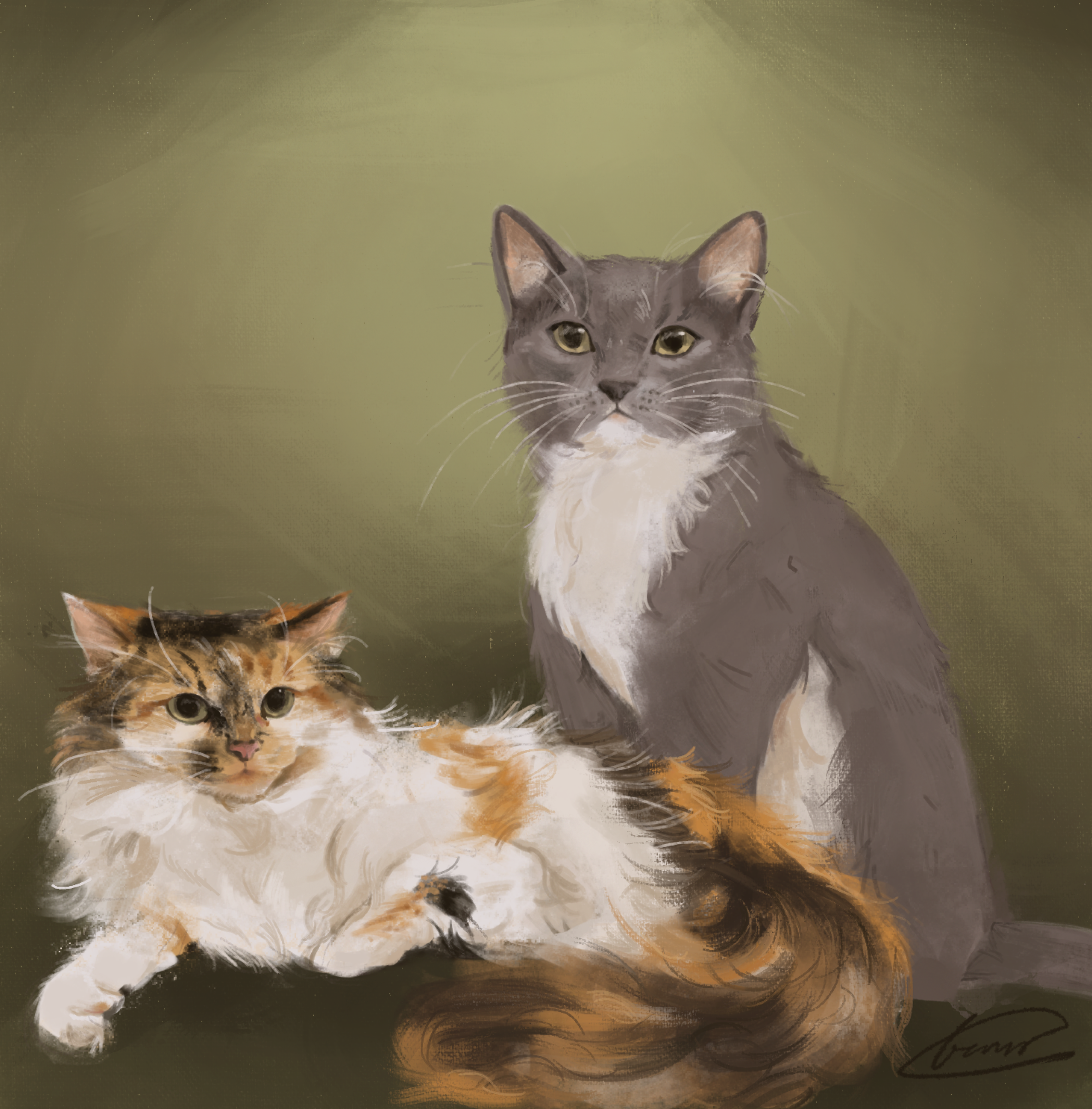 Digital illustration of two cats, Diya and Mochi